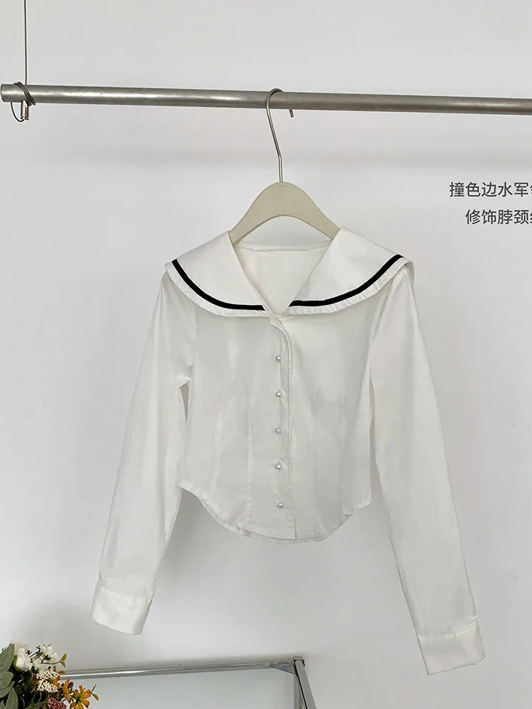 Fashion All-match Sailor Collar Shirt Sleeve Tops Women White Slim Single Breasted Blouses Preppy Style Autumn Chiffon Shirts