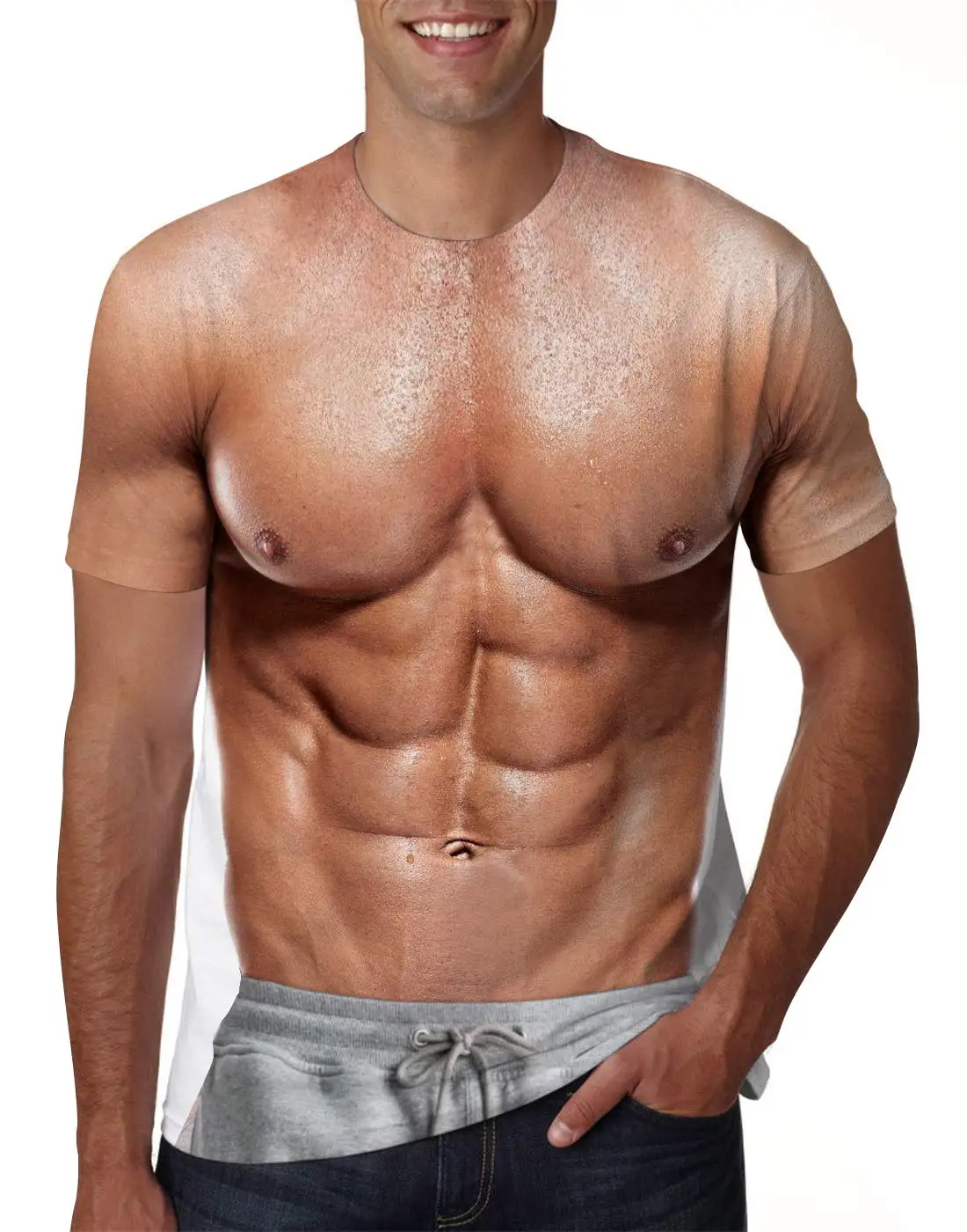 Men's Novelty Fake Muscle 3D Print T-Shirt Realistic Chest Abs Body Short Sleeve Tee Funny Halloween Cosplay Party Costume Tops