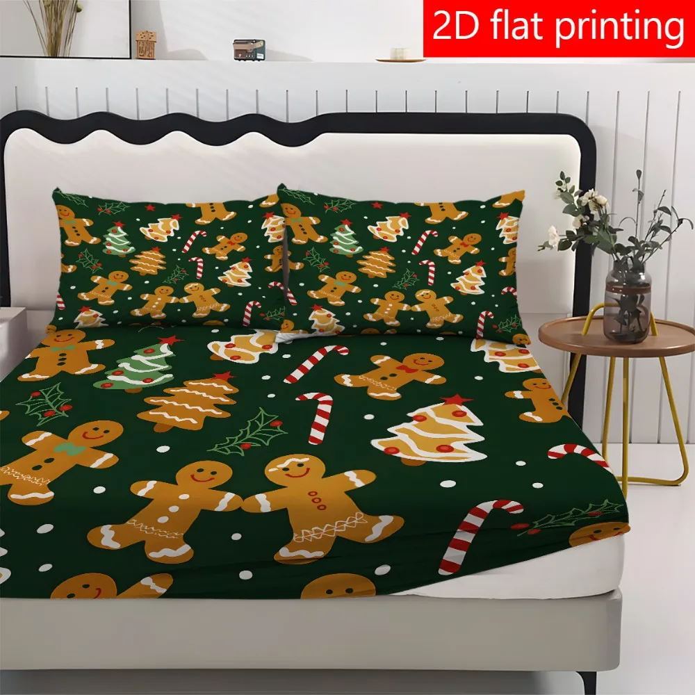 Christmas Gingerbread Man Cartoon Fitted Sheet Set Printed Fitted Sheet Mattress Protector Breathable Polyester Material (Includes 1 Fitted Sheet + 2 Pillowcases) Mattress Protector Fitted Elastic Style Protective Cover Mattress Protector, Fitted Bedding Set Christmas Themed Bedding Baby Bedding Suitable for Nursery Room