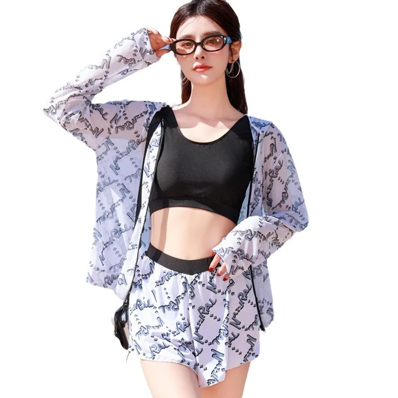 Canotta sportiva Costume da bagno Donna Primavera calda Costumi da bagno Coreano Casual Costume da bagno diviso 3 pezzi Bikini Set Lettera Grafica Beachwear