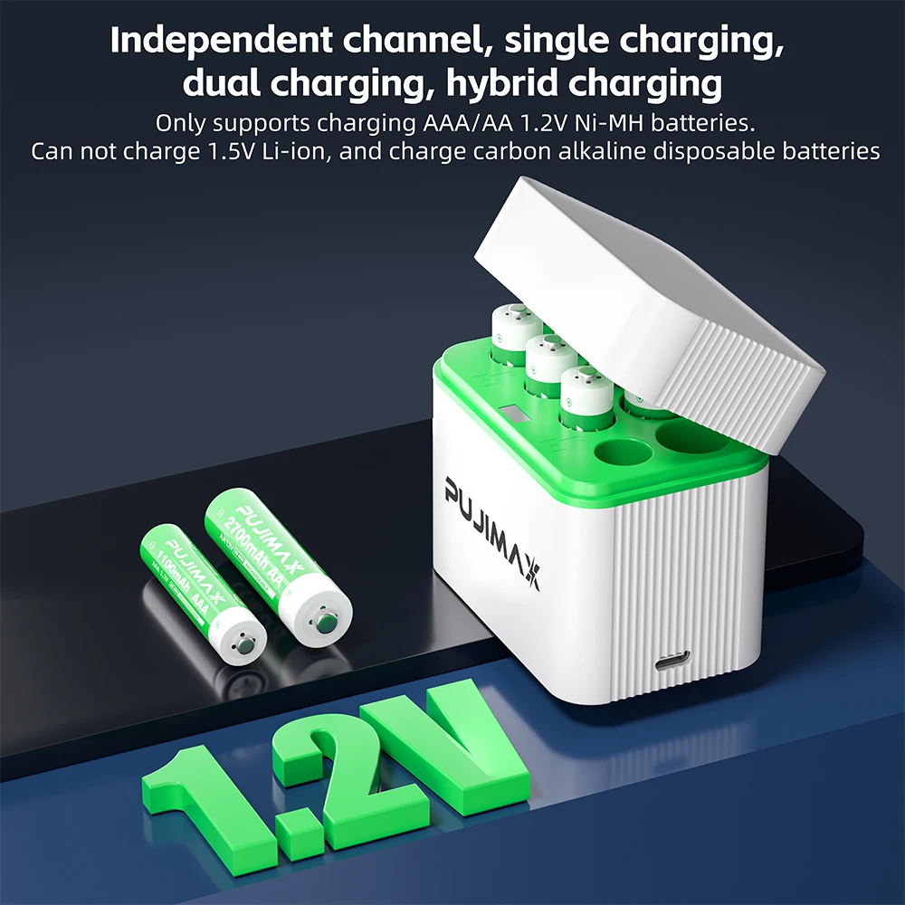 PUJIMAX 1.2 فولت AA + AAA Ni-MH/Ni-Cd 8 فتحات كومبو شحن مقصورة الذكية الوجه العلوي شاحن يمكن شحن 4 قطعة AA + 4 قطعة بطاريات AA