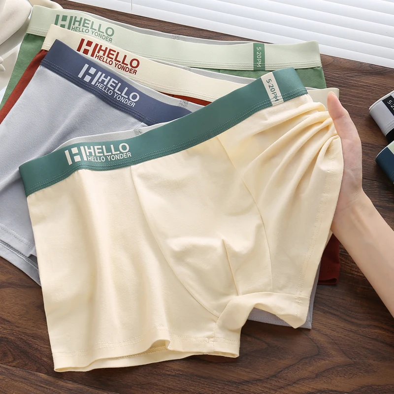 5Pcs Men's High-Quality Cotton Boxer Briefs Antibacterial Breathable Elastic Sports Underwear Solid Color Shorts