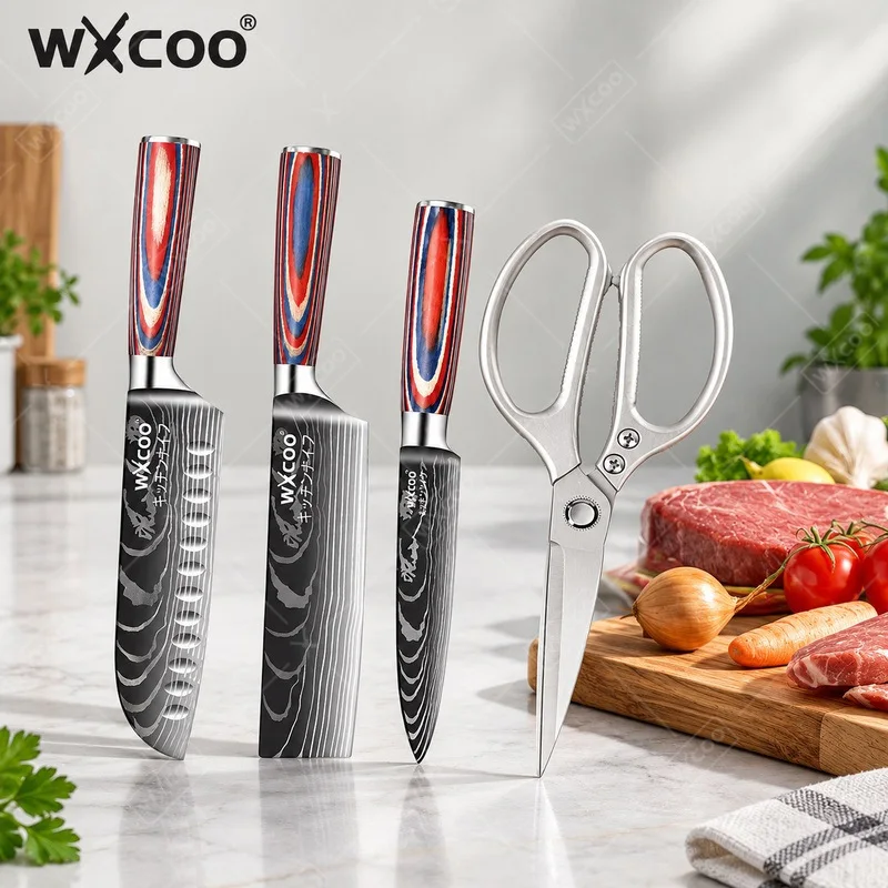 WXCOO Japanese Professional Kitchen Knife Set Santoku Knife Utility Knives Cooking Kitchen Scissor Durable Chicken Bone Cooking