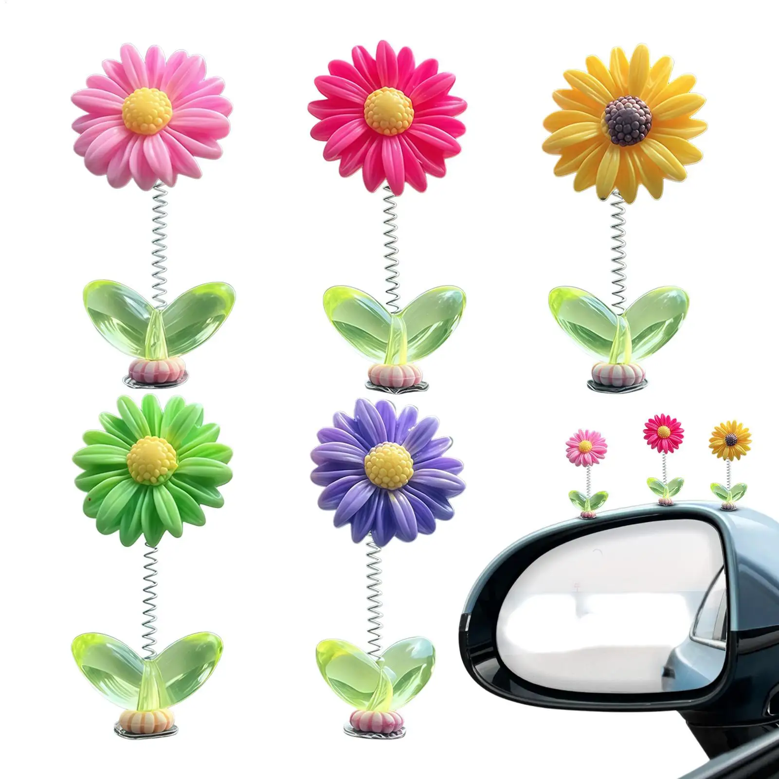 5PCS Mini Shaking Head Flower for Car Dashboard Decor Sunflower Car Center Console Rearview Mirror Decoration Ornaments