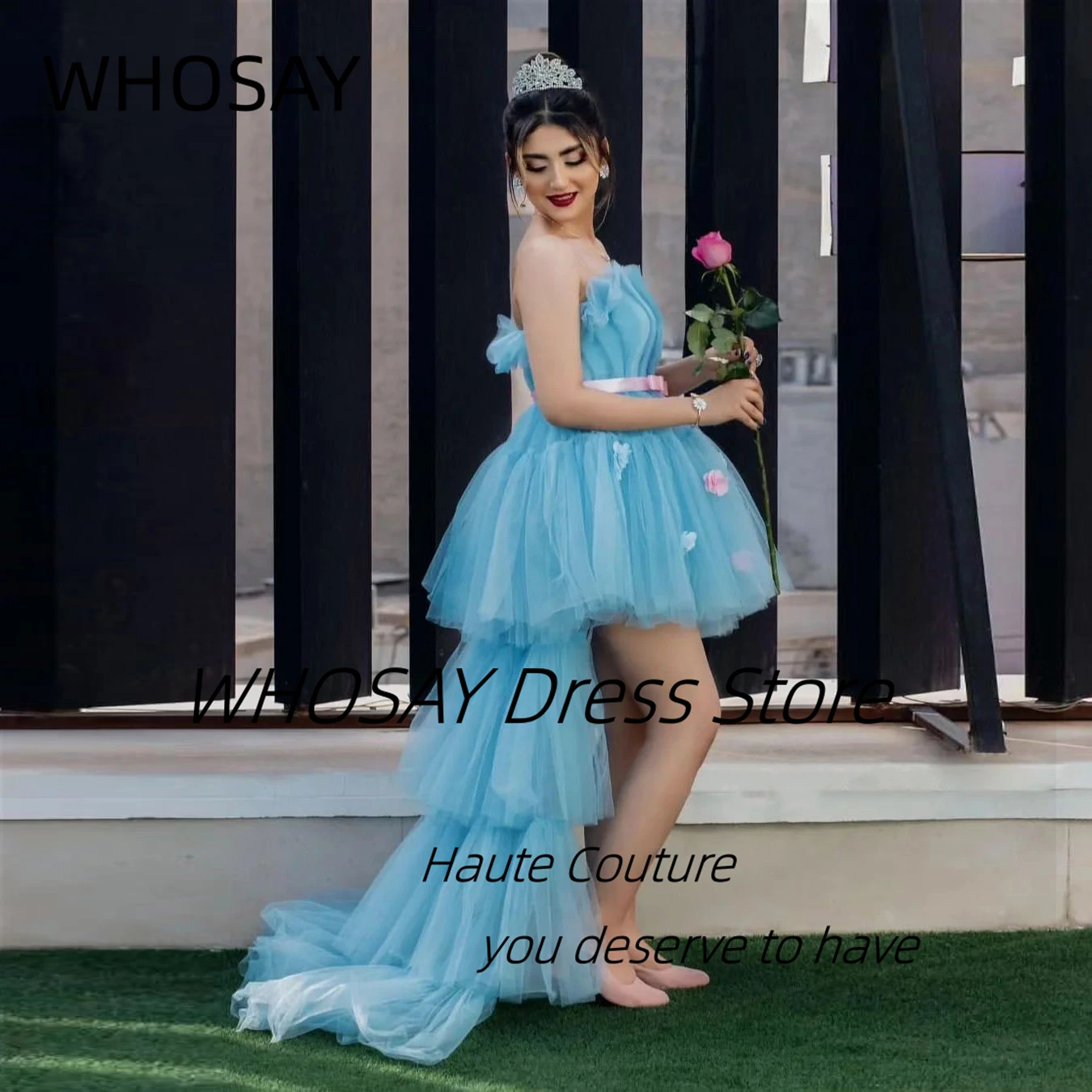 WHOSAY Birthday Party High Low Tulle Prom Dresses 2024 Ruched Strapless Flowers Evening Gowns Sexy Back Vestidos De Noches