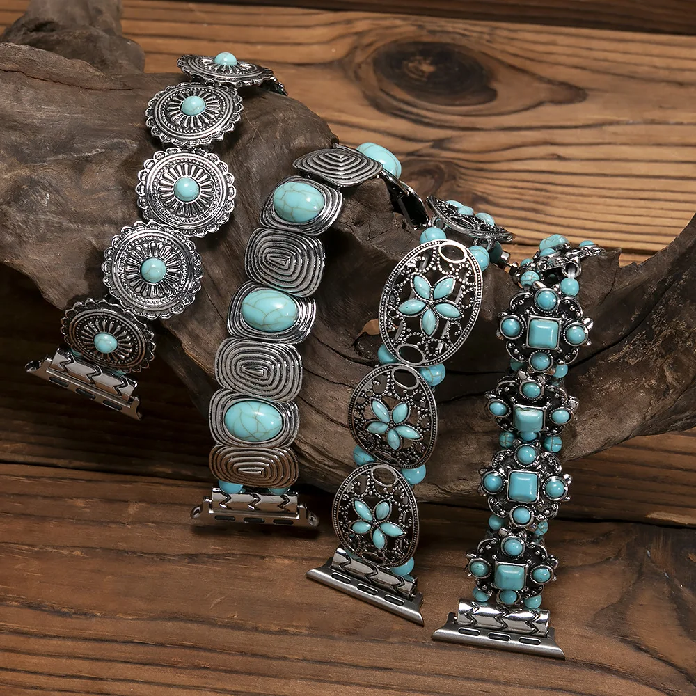 

Natural Turquoise Leather Strap for iWatch Band Stretchy Unisex Strap for Ultra 2 SE Boho Ethnic Jewelry