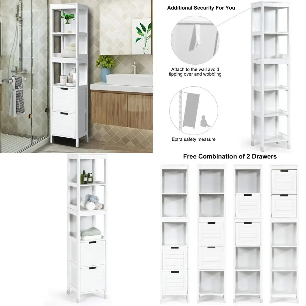 

Высокий напольный шкаф для ванной комнаты из дерева, 57 см, с 3 полками и 2 ящиками, белый