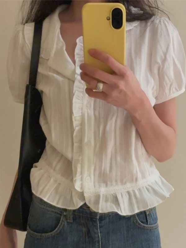 

Sweet Doll Collar ort Sve irt Women's Korean Sle Bubble Sve Loose Fit Tea Scents Chic Top Wood ain