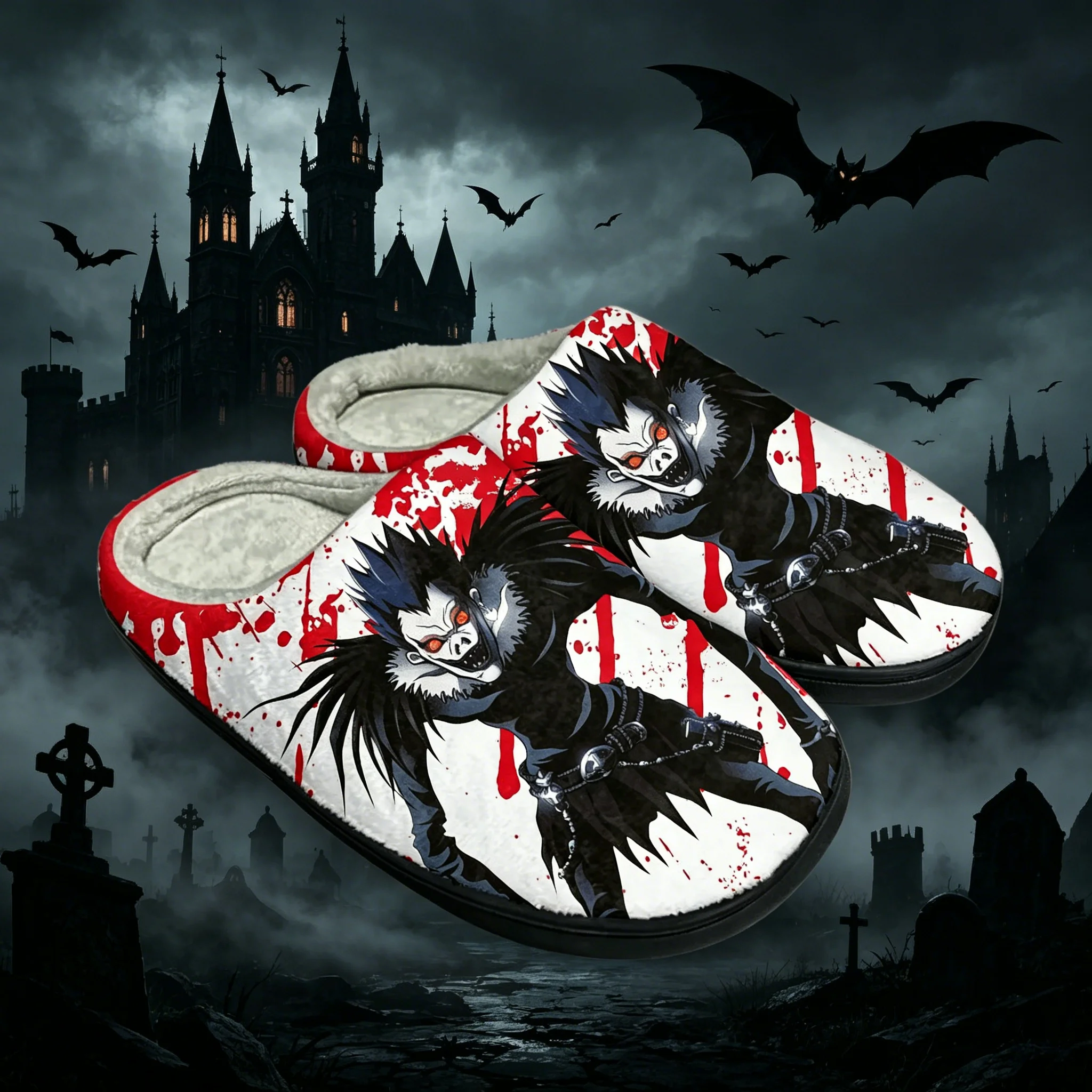 

Demon Ryuk Custom Slippers from Death Note, full-print Shinigami pattern, comfortable unisex daily plush shoes