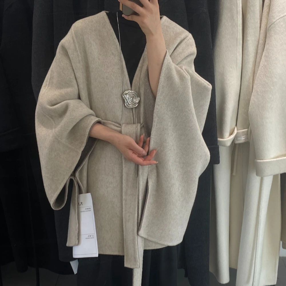 Women's Elegant Short Wool Coat Oversized Jacket with Double Face Cape Style Belted Thick Warm Winter Classy Chic for Daily Wear