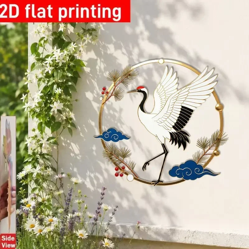 CIFBUY Iron Wall Art Chinese Red Crowned Crane Pine Cloud Enamel Style Metal Sculpture For Living Room Study Tea Room Decor Gift