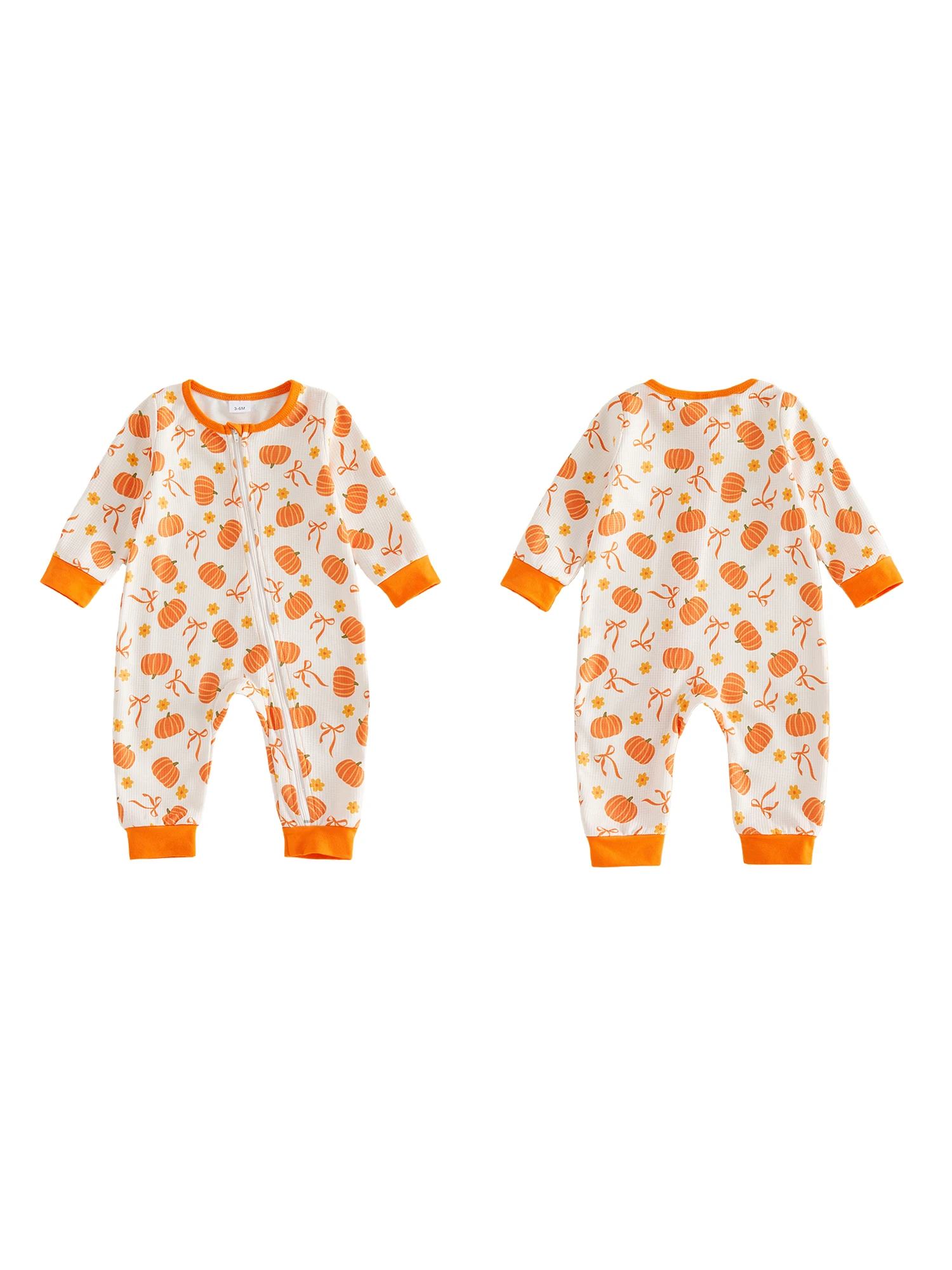 

Adorable Baby Girls Halloween Pumpkin Print Romper with Bow Detail and Long Sleeve for Newborn Infant - Stylish Waffle Jumpsuit
