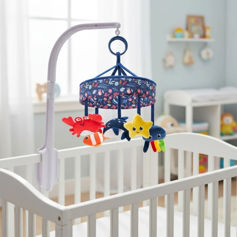 Hochet suspendu de chevet de bébé en peluche douce, jouets kawaii, poisson d'océan en peluche, berceau Musical, anneau de hochet Mobile rotatif, jouets éducatifs