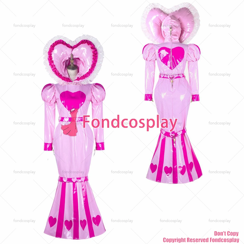 fondcosplay الكبار مثير عبر خلع الملابس سيسي خادمة طويلة الطفل الوردي الثقيلة PVC فستان ذيل السمكة قابل للقفل القلب هود CD/TV [G2339]