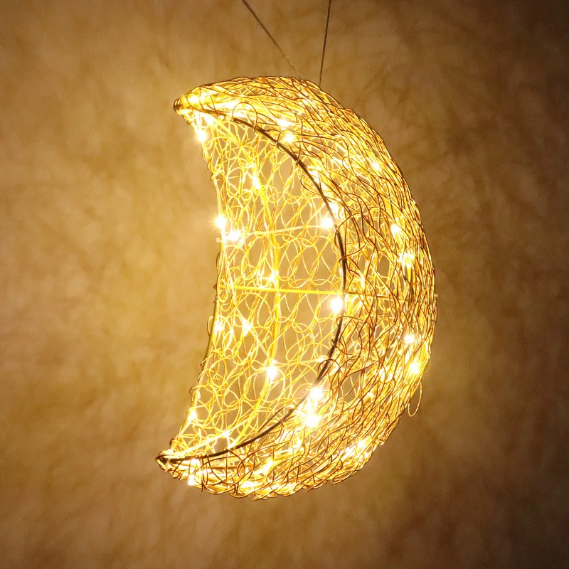 Golden Moon Chandelier Hand-woven Metal Aluminum Flame Retardant Lampshade Restaurant Homestay Bedroom Store Decoration