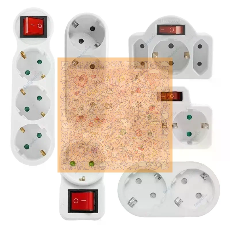 EU Extension Socket ON OFF Switch 16A 250V German Plug 1 To 2 Or 3 Way AC Outlets Adapter