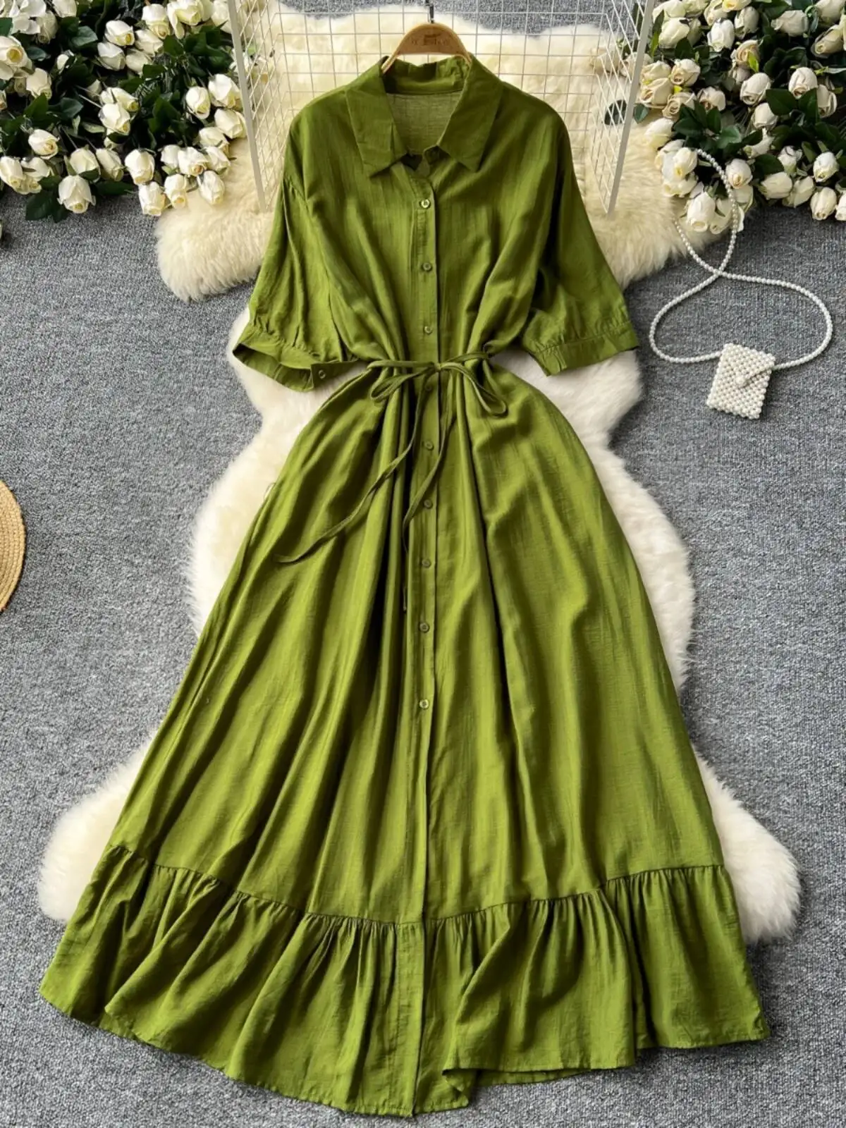 Abito camicia casual da donna con risvolto Primavera Estate Mezza manica monopetto Abiti lunghi con volant di media lunghezza Abiti lunghi con vestaglia lunga solida