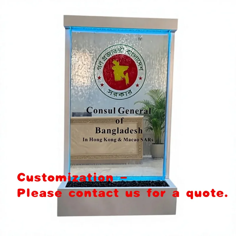 custom.Modern Indoor Decorative Glass Wall Fountain Stainless Steel Frame Structure Screen Partition Floor Standing