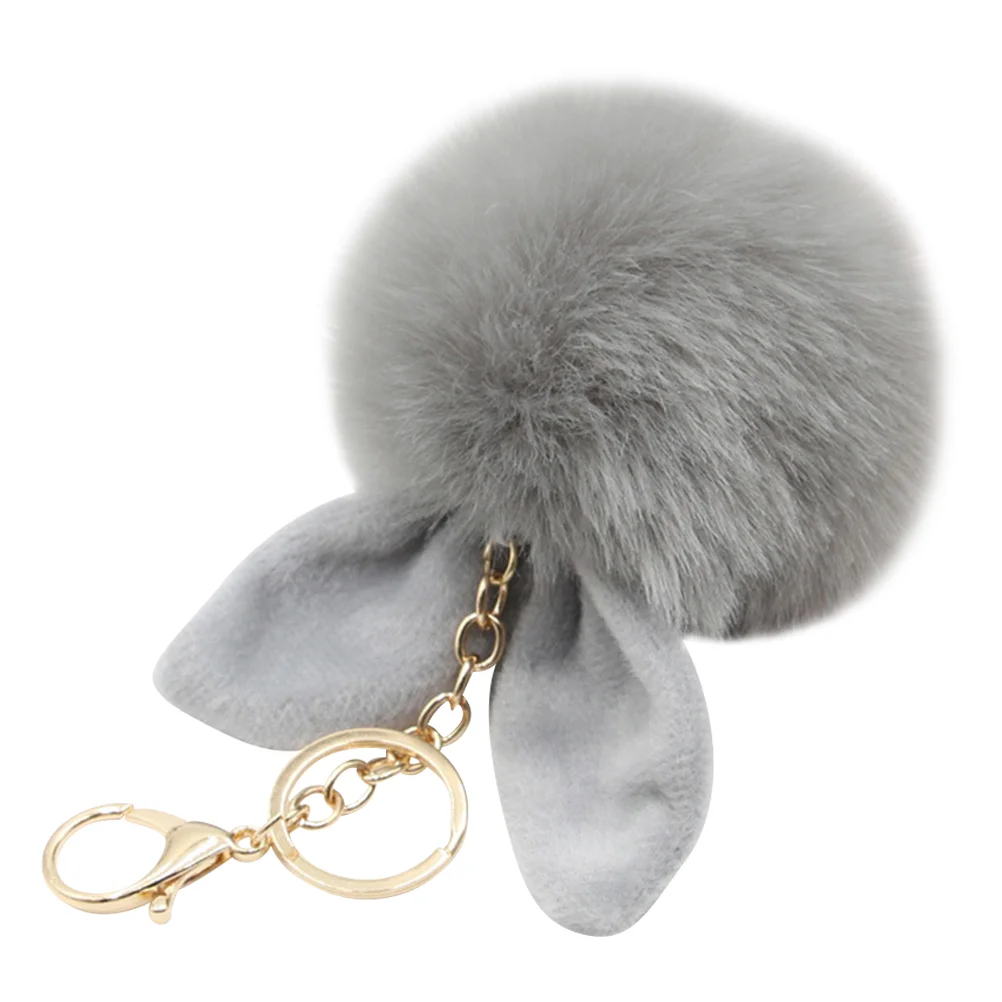 

Pom Pom Fur Ball Keychain Rabbit Ear Keyring Bag Charm Decoration (Gray) Key chain pendant pom pom keychain