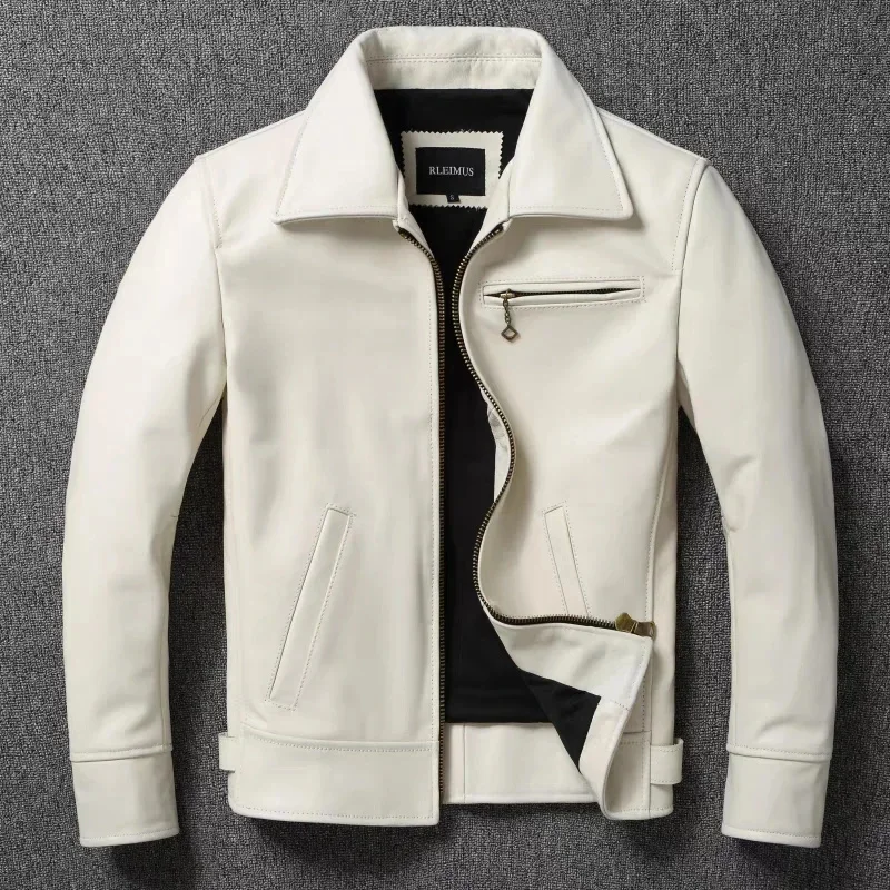 Men's Genuine Leather Jacket White Lapel Calfskin Natural Cowhide Coat Slim Fit Top Layer Biker