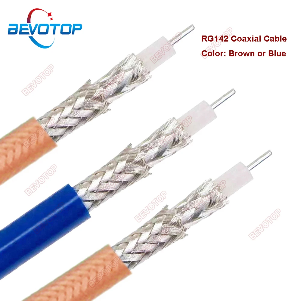 BEVOTOP RG142 Coaxial Cable Silver-plated Copper Double Shielded RF Coaxial Cable 50 Ohm Low Loss FEP Brown or Blue Color