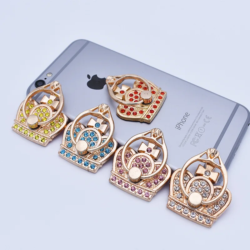 Crown Diamond Mobile Phone Stand Ring Buckle Metal 360 Degree Rotation Universal Anti-fall Support Frame Back Stick Phone Holder