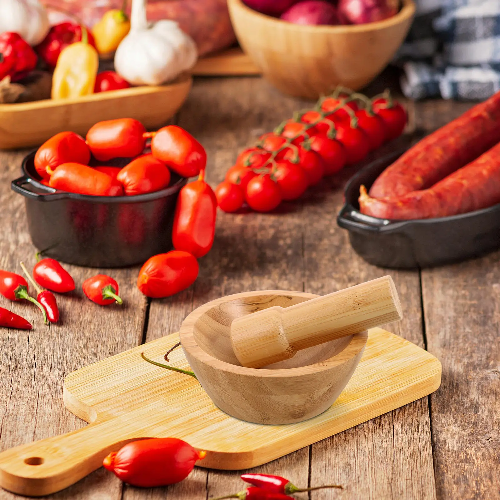 Bamboo Mortar and Pestle Set Lightweight Garlic Masher Food Grinding Bowl for Spice Seasoning Cooking Tool Kitchen Use
