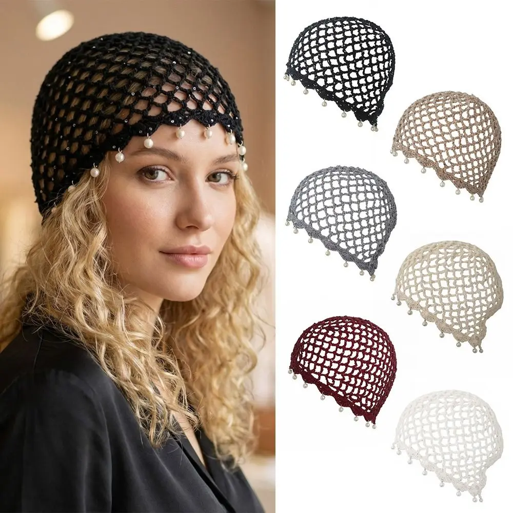 Bohemian Hollowed Out Woven Pullover Hats Pearl Fringed Crochet Knitted Hat Breathable Beret Cap Travel