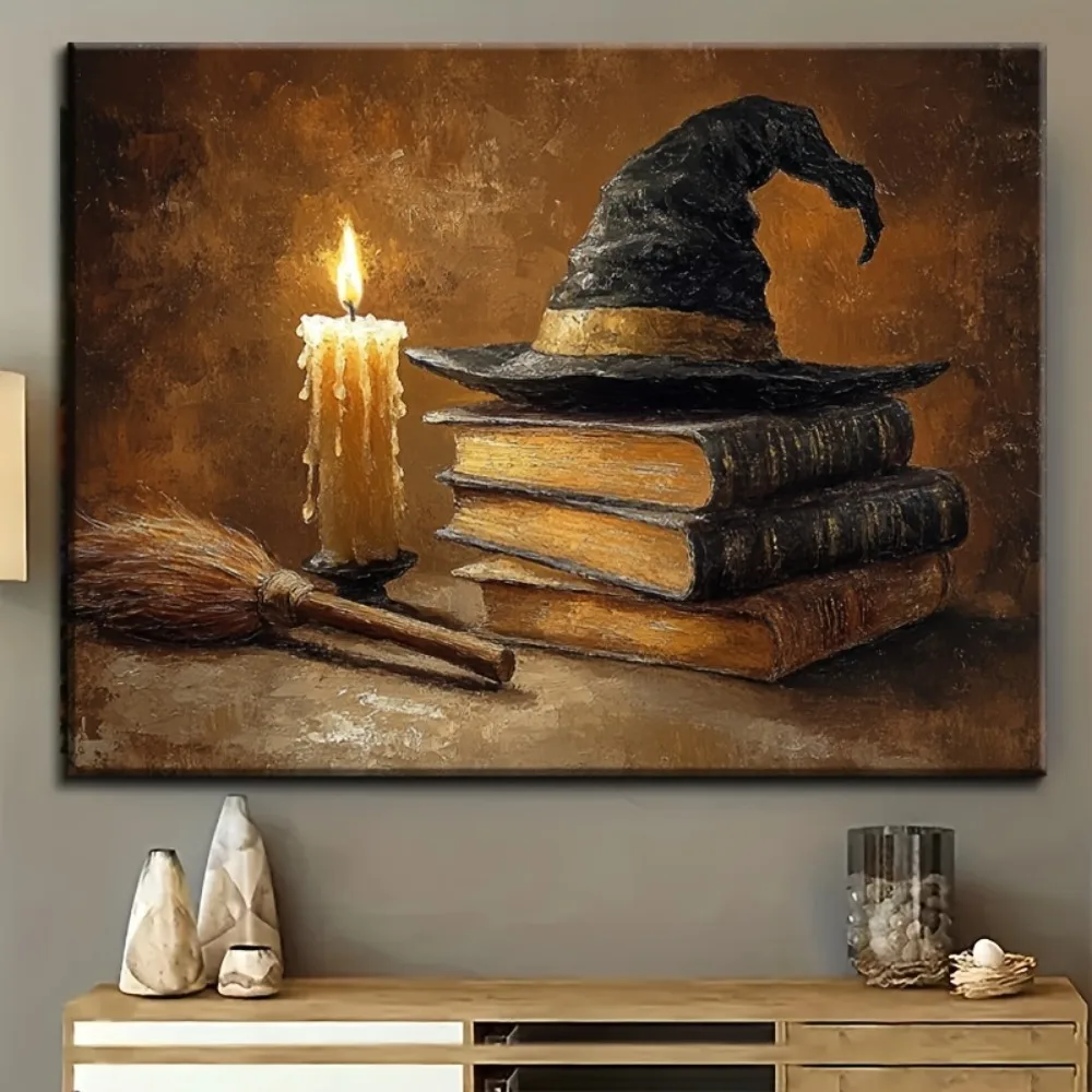 

1.5 "solid wood picture frame, Halloween witch poster,modern vintage frameless wall hanging decoration, suitable for living room
