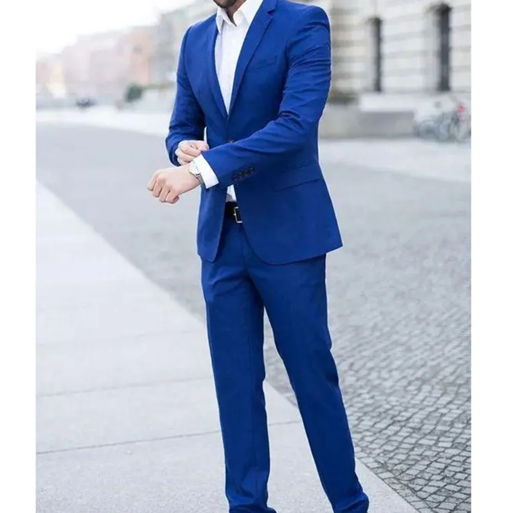 Elegant Blue Men's Suits Notch Lapel 2 Piece Jacket Pants Blazer Sets Slim Fit Formal Business Gentleman Wedding Male Clothing