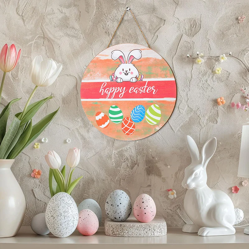 2D Flat, 1pc 1pcs Elegant Ornate Tale Rabbit & Egg Wooden Hanging Sign - Artificial Wood Easter Decoration Suitable for Spring D