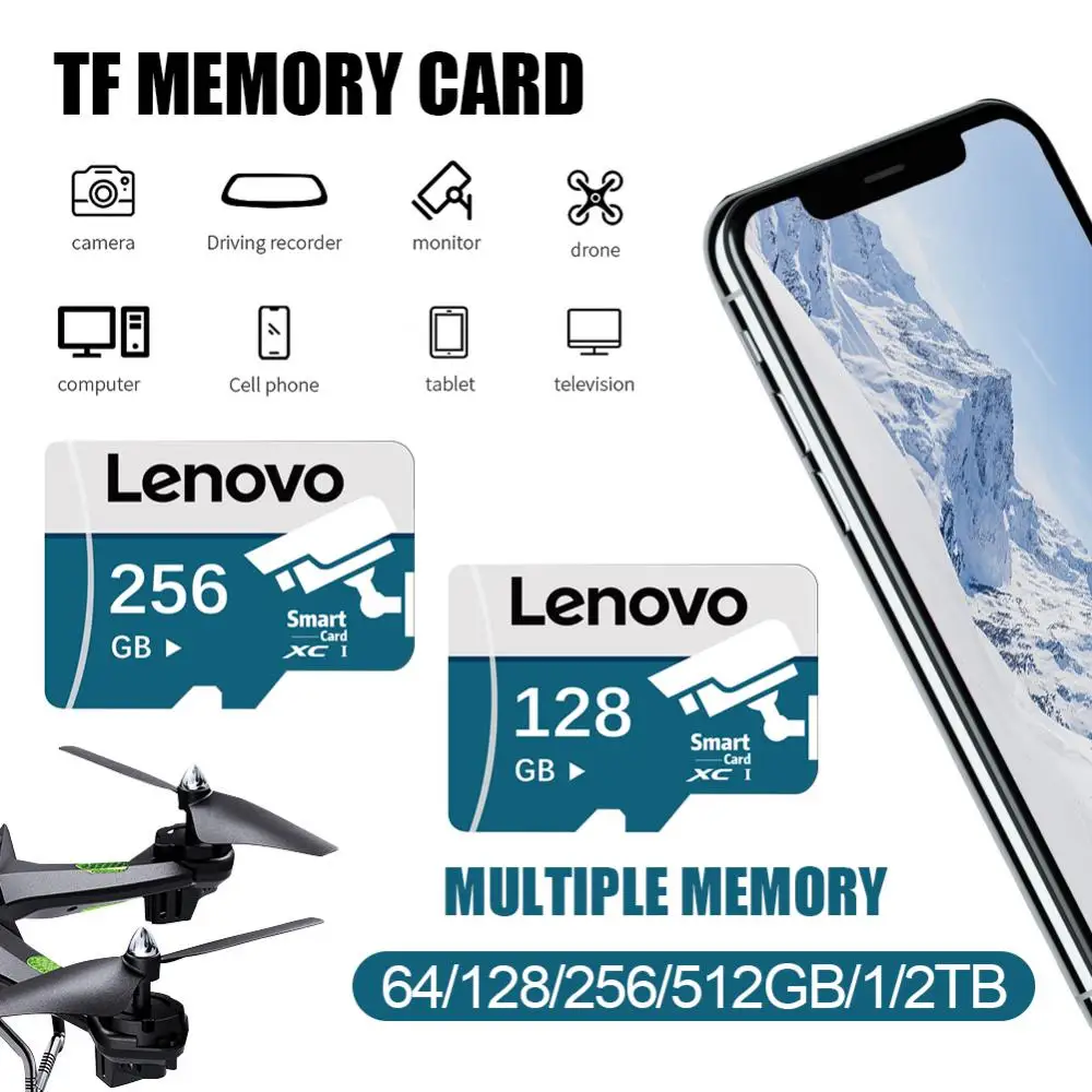 Lenovo kartu SD mikro TF U3 2TB, kartu SD 1TB kecepatan tinggi, kartu TF A2, kartu memori 512GB untuk kamera, ponsel, Drone, gratis adaptor SD