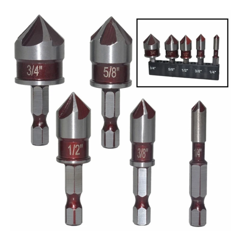 5pcs Hexagonal Handle Countersink Drill Bit Set Woodworking Chamfering Set