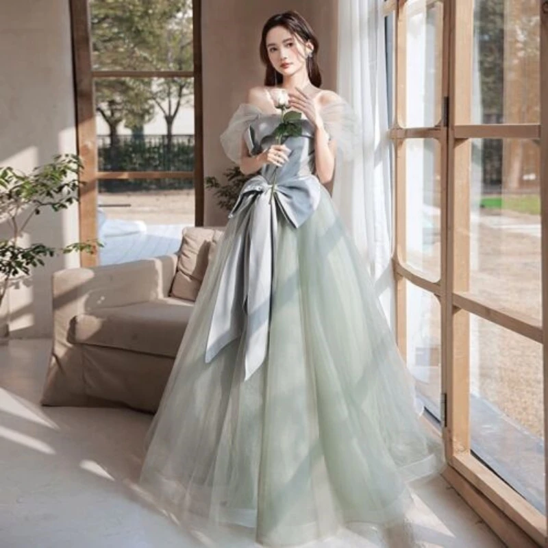 A-Line Off Shoulder Bow Pearl Pleat Tulle Lace Up Evening Gowns Prom Dress