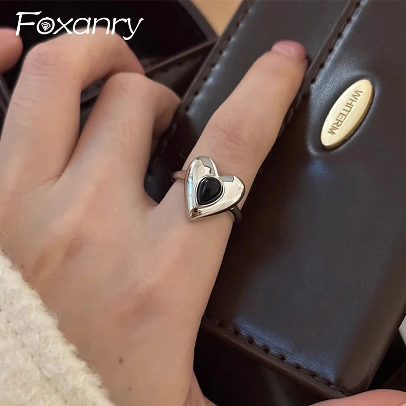 Foxanry Vintage Punk Black Zircons Rings for Women INS Fashion Creative Design LOVE Heart Geometric Handmade Party Jewelry Gifts