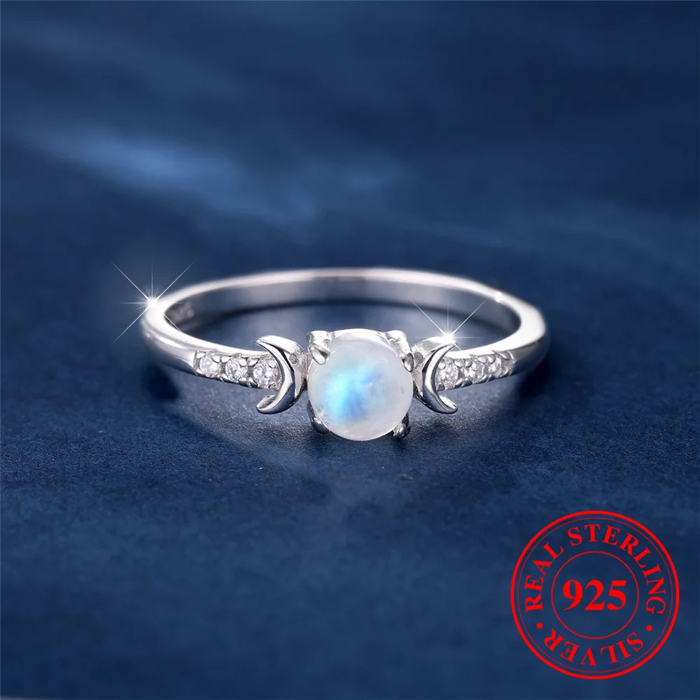 

Female Cute Small Round Nature Moonstone Ring Vintage Real 925 Sterling Silver Moon Wedding Jewelry For Women
