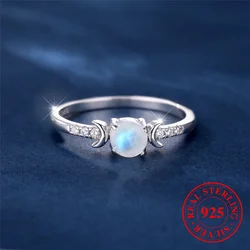 Female Cute Small Round Nature Moonstone Ring Vintage Real 925 Sterling Silver Moon Wedding Jewelry For Women