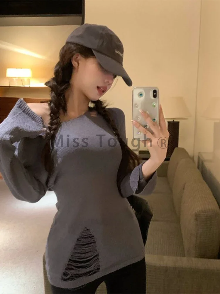 Winter Korean Fashion Oversized Sweater Women Harajuku Vintage Hollow Out Knitted Jumper Female Sexy Off Shoulder Y2K Tops 2024