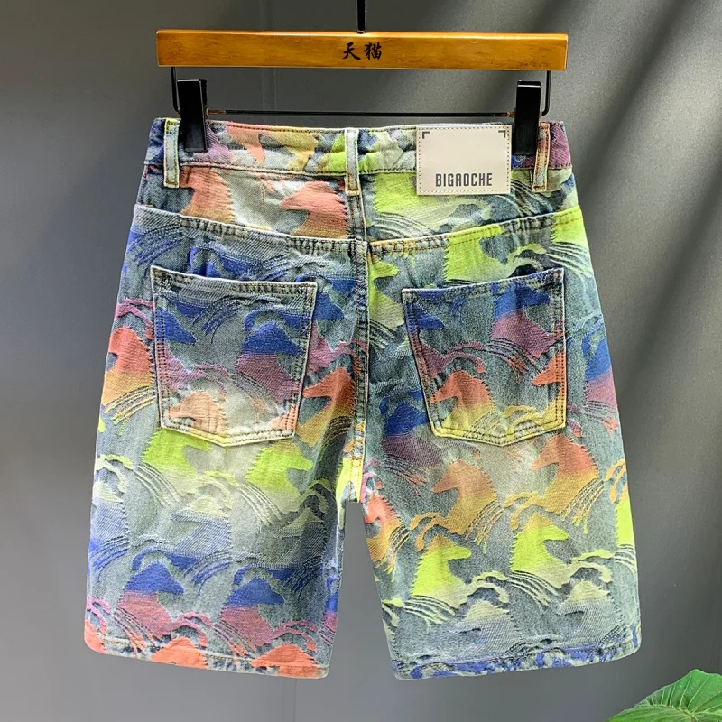 2025 Summer New Trendy Brand Multi Color Jacquard Printed Design Five Part Pants for Men, Loose Straight Denim Shorts