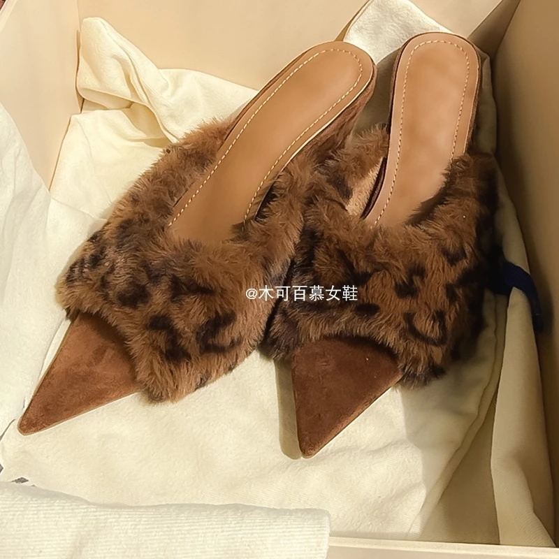 موضة ليوبارد إسفين النعال الخريف والشتاء النساء أنيقة وأشار ماو ماو والنعال النساء الاتجاه أحذية الحفلات مثير من جلد الغزال #2