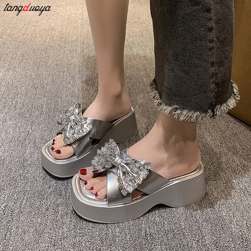 Crystal Bow Women Slippers Luxury silvery Thick Bottom Slippers 2024 Summer Fashion Dress Slingback Sandals Women Trend Slides