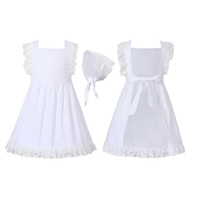 Umorden 4-10Y Kids Child Girls Khaki White Lace Ruffle Apron Bonnet for Pilgrim Girl Village Farm Pioneer Prairie Maid Costume view 2