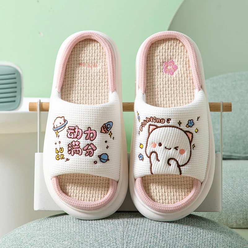 Cute Bubu Dudu Panda Mitao Cat Women Slippers Leisure Home Slides Outdoor Non-slip Thick Sole Couple Ladies Shoes Hemp Sandals