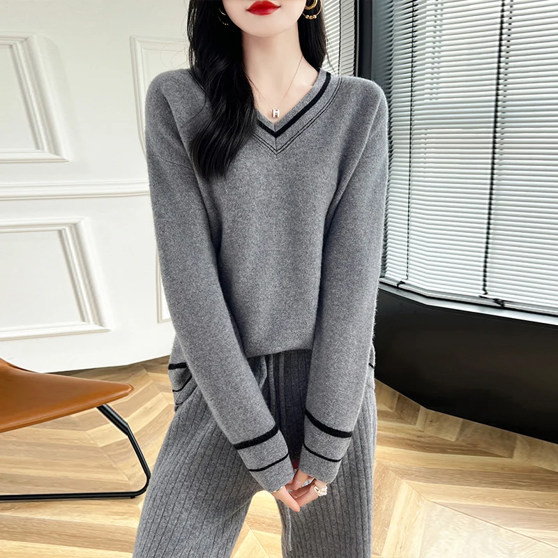 

New 100% merino wool ladies sweater in autumn and winter fashion V-neck warm wild pullover loose slim pullover top.