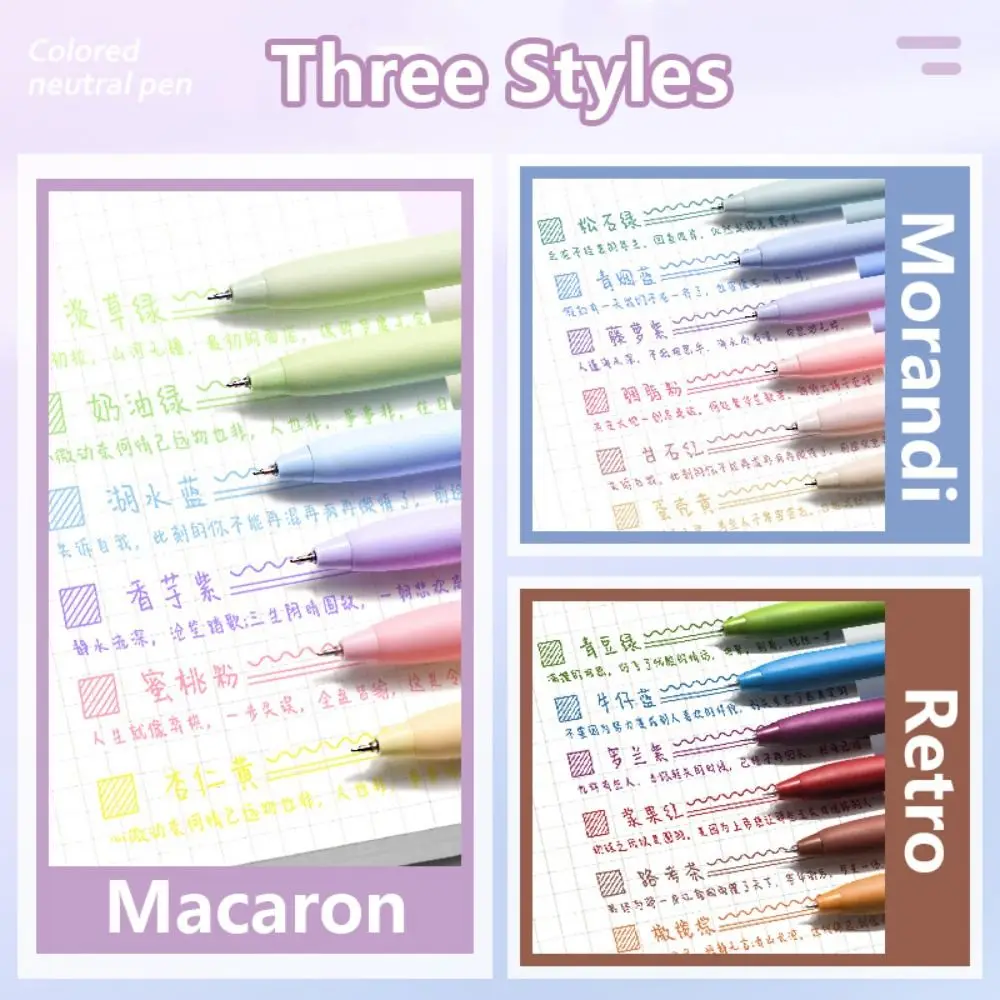 6Colors/Set Press Type Color Gel Pen 0.5mm ST Tip Macaron/Morandi/Retro Color Neutral Pen Color Ink Signing Pen Students Gift