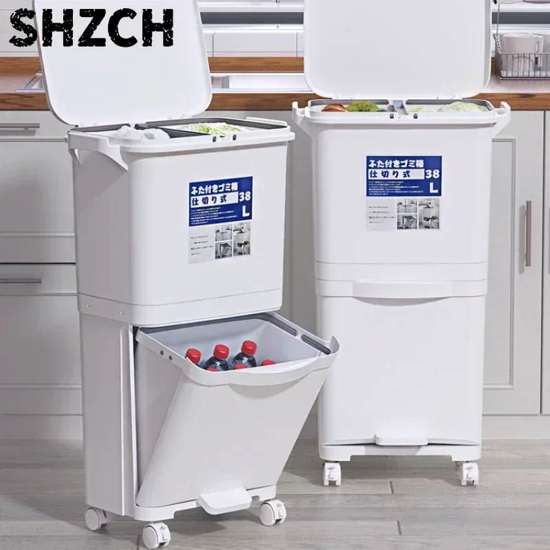 Kitchen Square Wastebasket Double-Layer Sorting Trash Can Press Type Plastic Large Trash Bin with Lid Househol Baskets