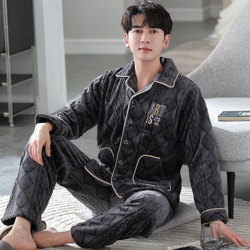 Flannel Pajama Sets Men Winter Men\'s Pajamas Thick Warm Lounge Set Fashion Letter Embroidery Male Pijama Casual Loungewear 3XL