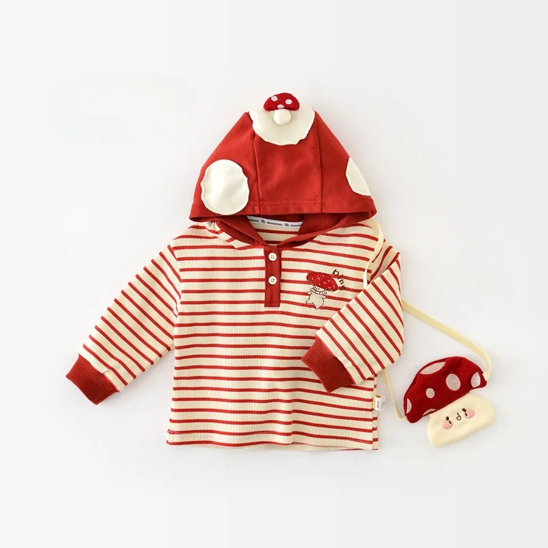 HoneyCherry Autumn New Striped Hooded T-shirt Baby Cute Cartoon Mushroom Tops Children Loose Bottoming Shirt Girl Clothes