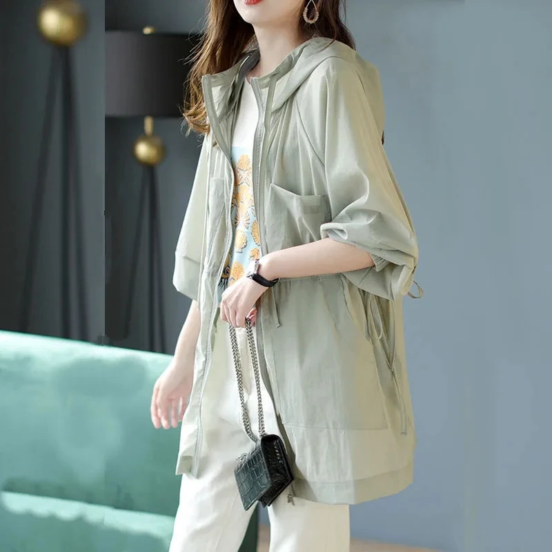 Lightweight Hooded Sunscreen Jacket Women's Mid-Long White Windbreaker Waist-Breathable Summer 2022 New Korean Loose Trench Coat