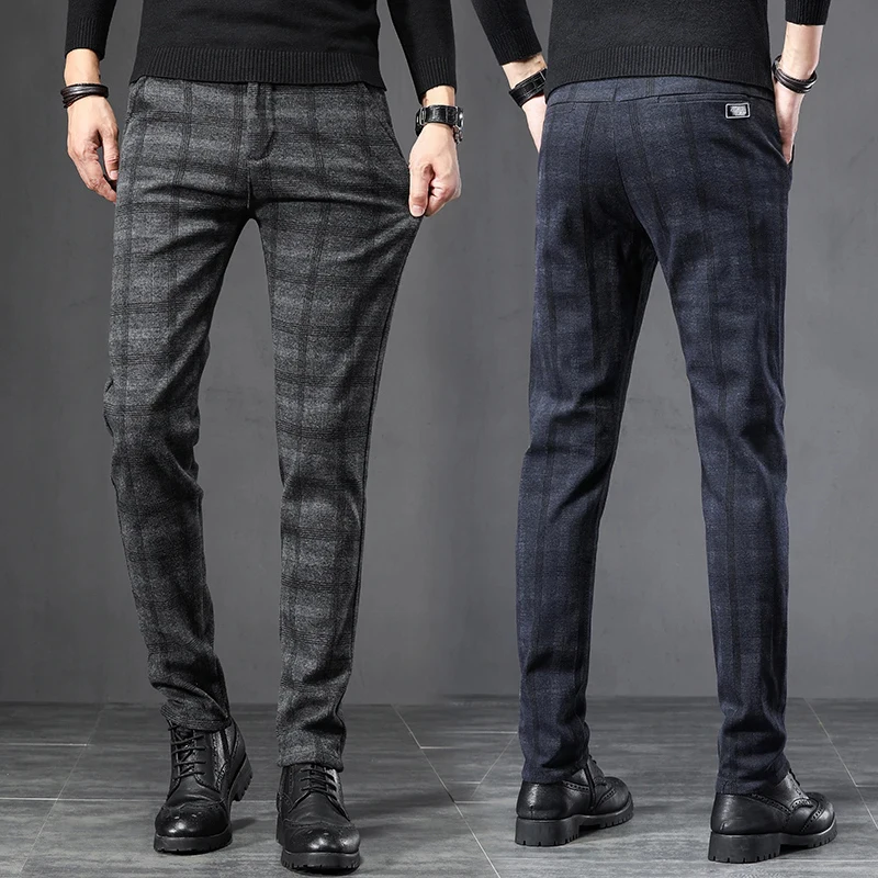 Autumn Men\'s Brushed Plaid Casual Pants Fashion Korean Elastic Cotton Slim Straight Work Trousers Brand Clothes Black Gray Blue